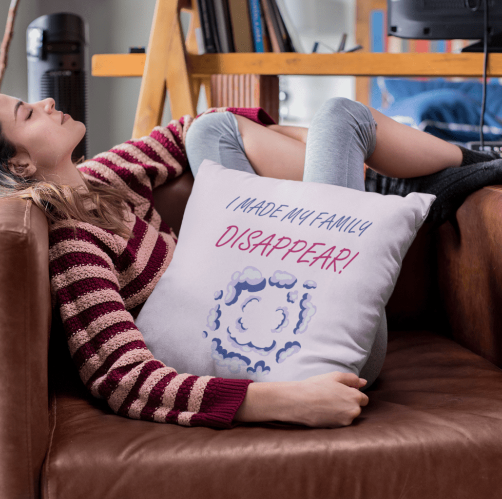 Girl with custom pillow in leather chair